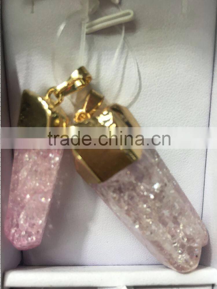 2016 Gold Covering Crack Crystal Pendant Necklace Aquamarine Citrine Rose Quartz Clear Green Natural Crystal Necklace For Women