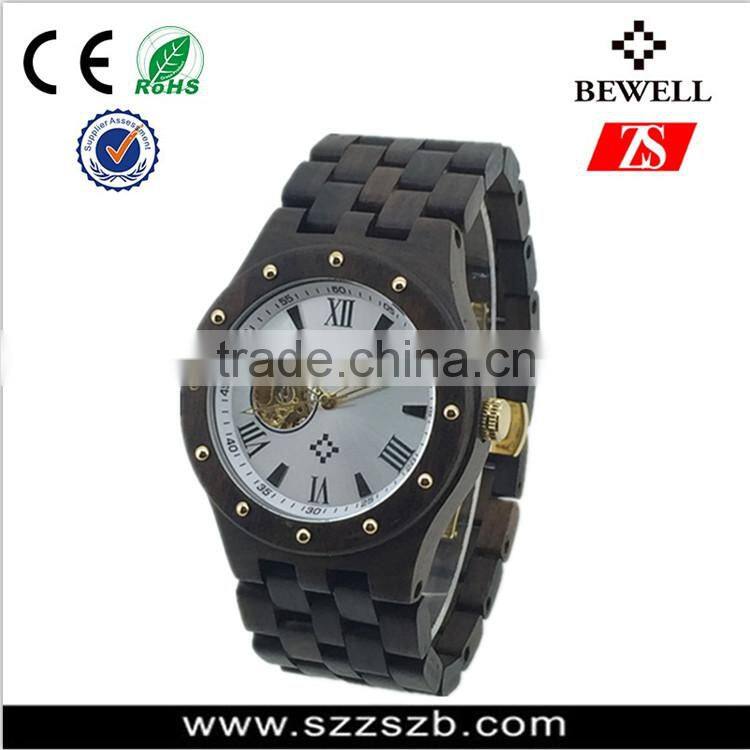 Fashion watches water resistant wooden watch with stainless steel case back and skeleton automatic mechanical watch