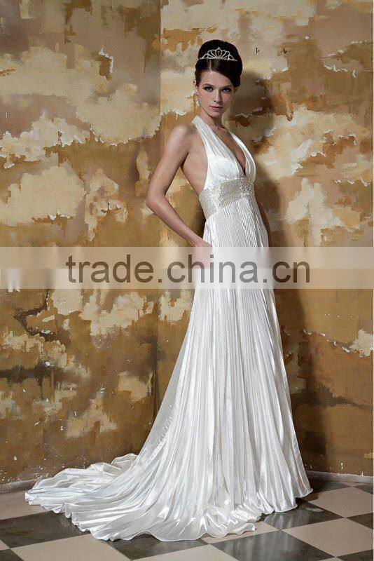 Real Sample White Halter Deep V-neck A-line Ruffles Backless Wedding Dress xyy03-094