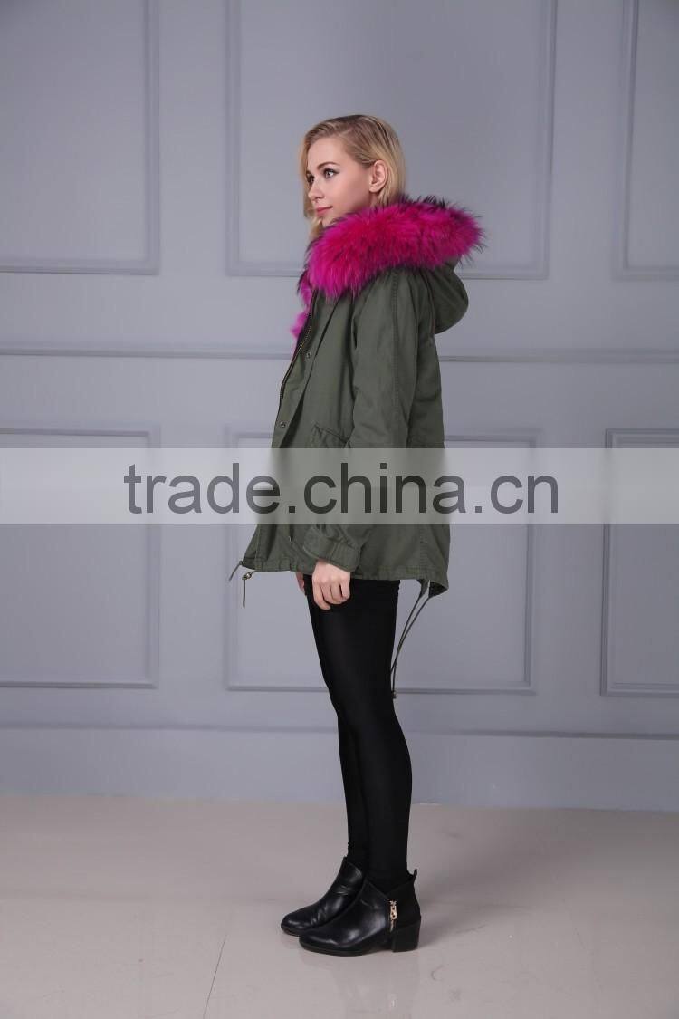 Women Detachable Raccoon Fur Collar Lined Fox Fur Hooded Parka