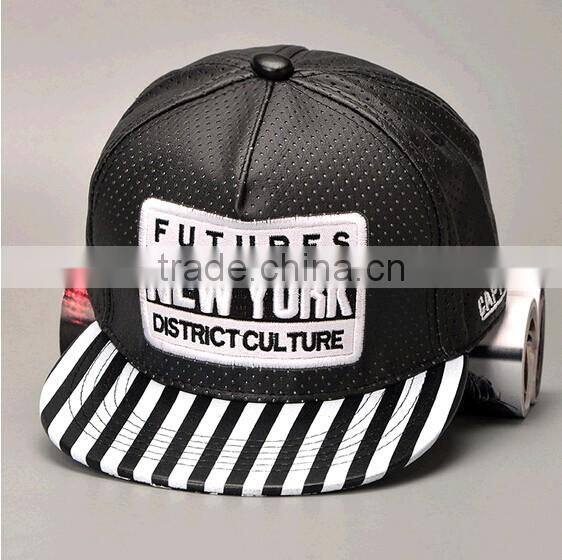 Black leather 6 panel snapback customize cap hat custom