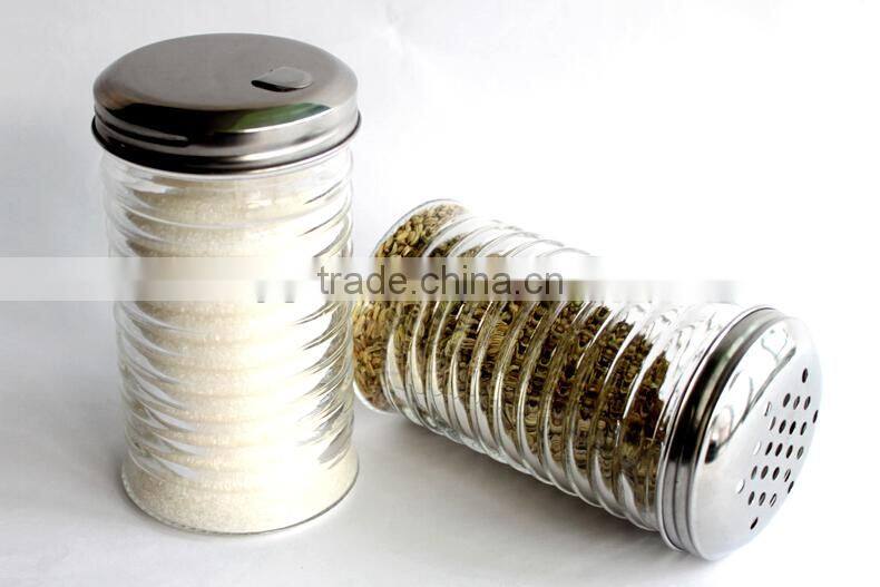glass condiment dispenser with metal hole caps