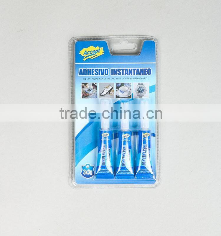 Accpet cyanoacrylate super adhesive in aluminium tube 3pcs with blister card