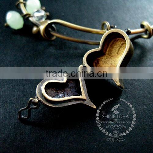 vintage bronze antiqued heart prayer wish box ice green glass beads wish charms fashion women wiring bangle bracelet 6450038
