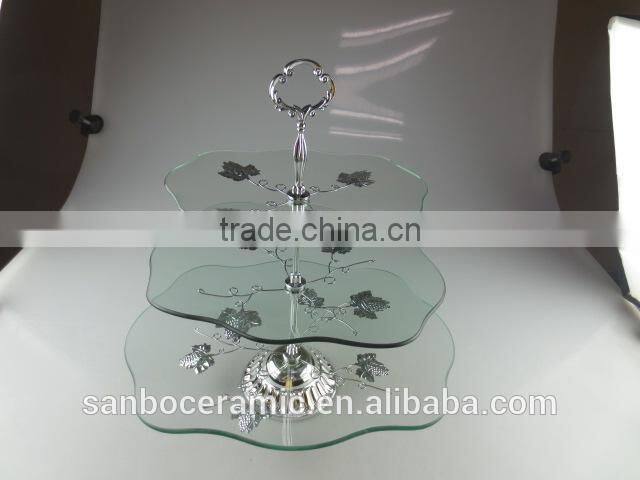 3 Tier Wedding Metal Stand for Cake ,Glass Cake Stand with Silver Flowers