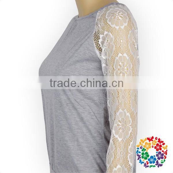 2017 wholesale women lace sleeve grey cotton shirt