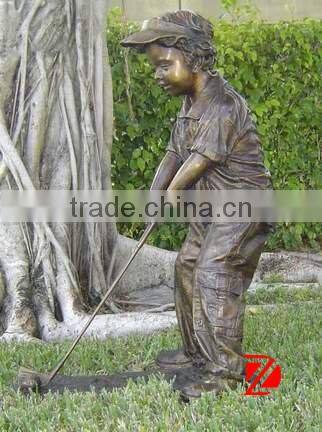 Bronze little boy sculpture playing baseball for landscape