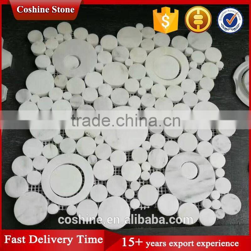 Beautiful white carrara backsplash random penny round mosaic tile