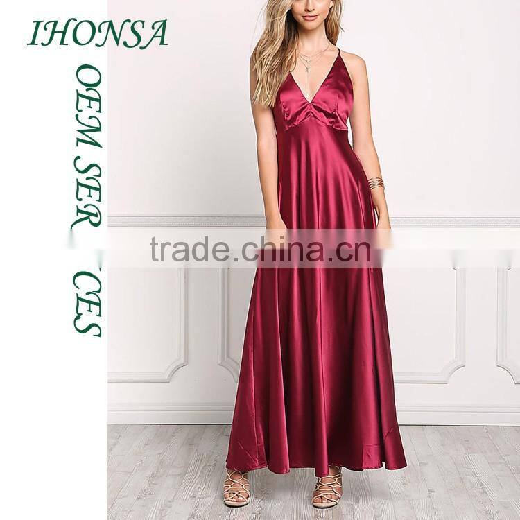Ladies Fashion Names of Ladies Dresses with Pictures Wine Silky Plunge X Strap Slip Dresses HSD7833