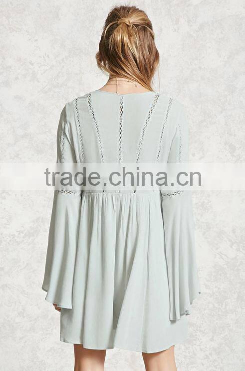 Fashion Long Bell Sleeve Chiffon Embroidery Summer Short Dress Women