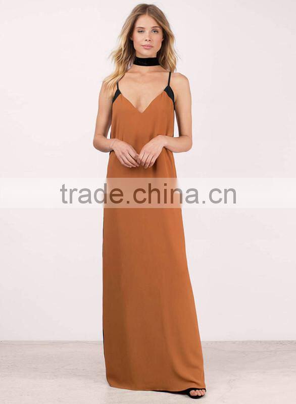 Woman Spaghetti Strap V Neck Chiffon Long Maxi Dress
