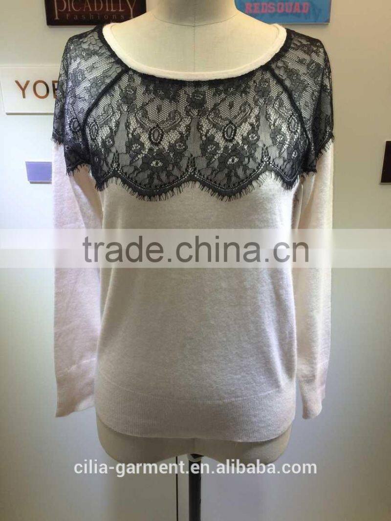 2015 new fashion young lady sweater with lace