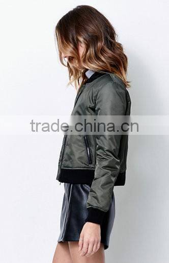 Wholesale Fahion Women Solid Color Bomber Cropped 100% Nylon Jacket