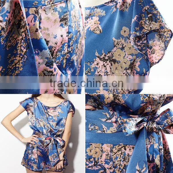 Latest design printing sash belted short jumpsuit in satin for women