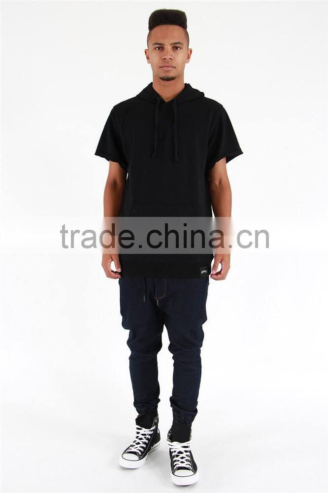 Cheap black/grey thin fleece blank hoodie short sleeve pullover hoodie