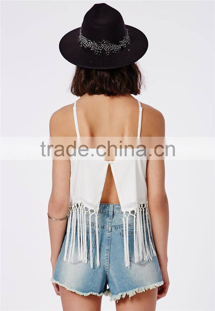 Fringed plain white spaghetti strap cami crop top plain wholesale cheap