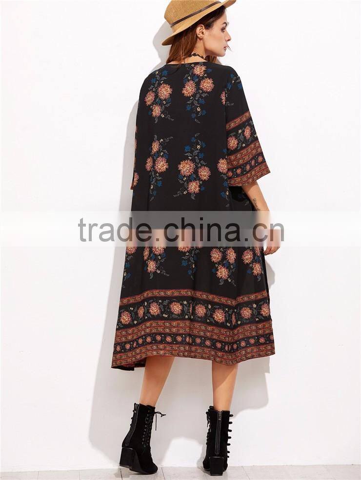 Women Custom Digital Print Flower Print Three Quarter Length Sleeve Kimono Loose Beachwear