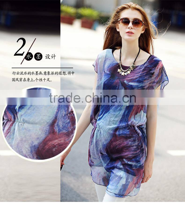 2016 Hotsale Ruffles women Short-sleeve Loose Slim Chiffon long blouse shirts tops with DIY Printing