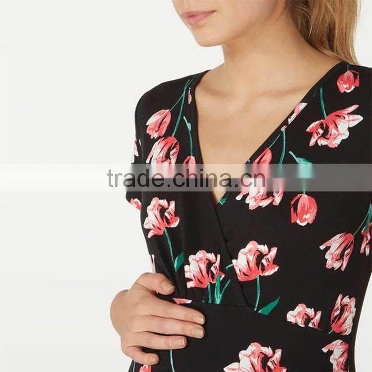Black Tulip Print Wrap Maternity Top Clothes Cheap