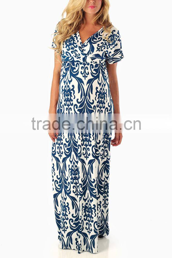 TEAL DAMASK PRINTED MATERNITY/NURSING MAXI DRESS