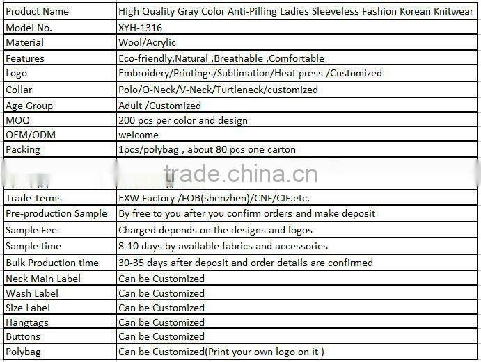 High Quality Gray Color Anti-Pilling Ladies Sleeveless Fashion Korean Knitwear