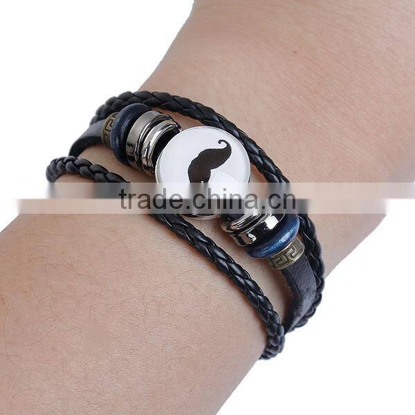 Real Leather Snap Button Bracelets Fit 18mm/20mm Snap Buttons Black Silver Tone Round