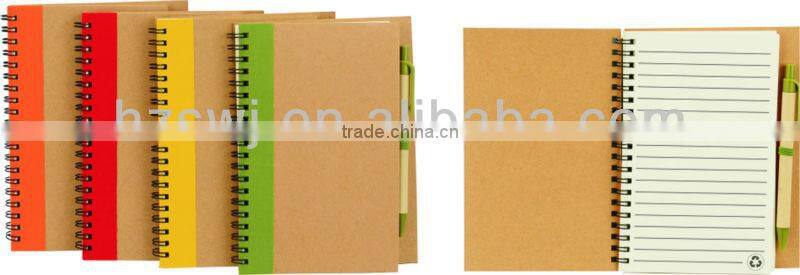 Hard kraft cover spiral recycle notebook 70grams 70sheets 18*14cm with recycle paper pen