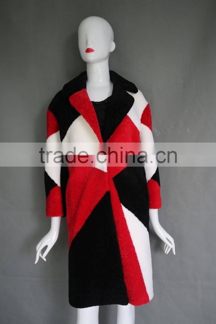 2016 Factory direct wholesale fashion lady's bright red lamb shearing fur jacket long warm real cashmere parka