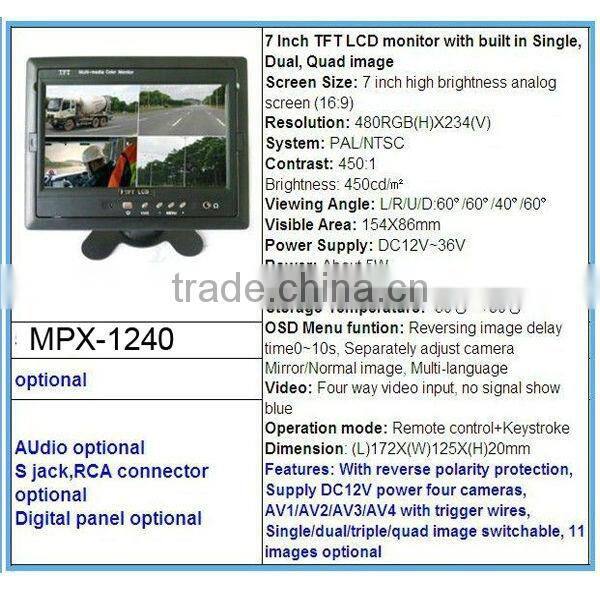 7 Inch TFT LCD Car Monitor Headrest Display Support 4 Split 4Ch Video Input For Rear View Camera DVD GPS With Remote Control