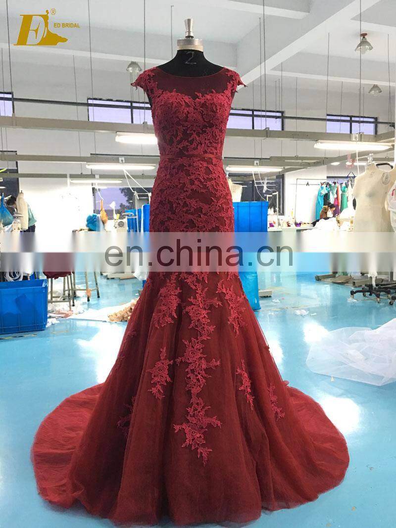 Decent Scoop Neckline Cap Sleeve Low Back Wine Red Lace 2017 New Mermaid Prom Dress