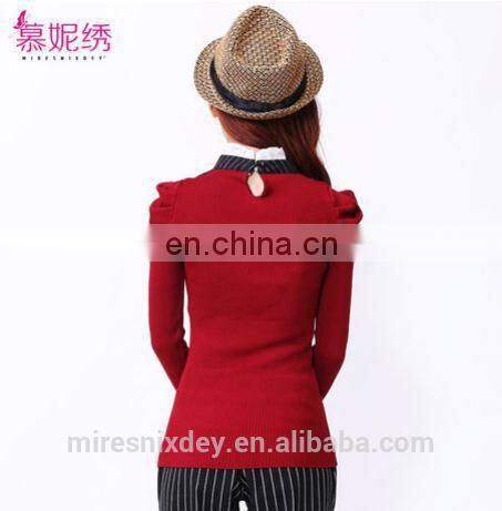 fashion slim fitted turtle-neck knitting sweater with pleated sleeve for office lady