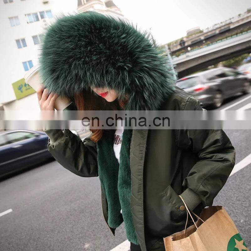 2016 Women Hooded Winter Military Raccoon Fur Hooded Bomber Jacket With Fur Lining