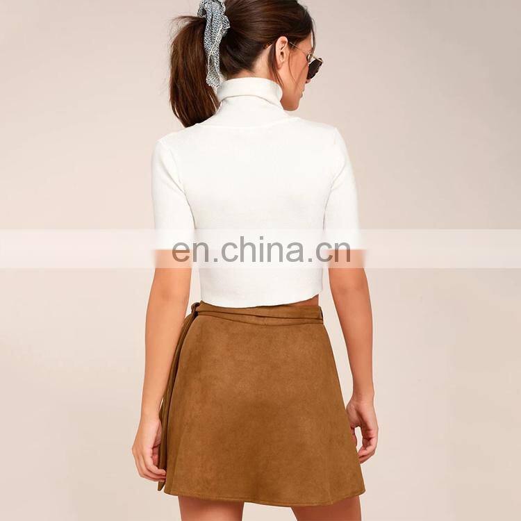 New customized wholesale promotional reversible tan suede magic wrap mini skirt
