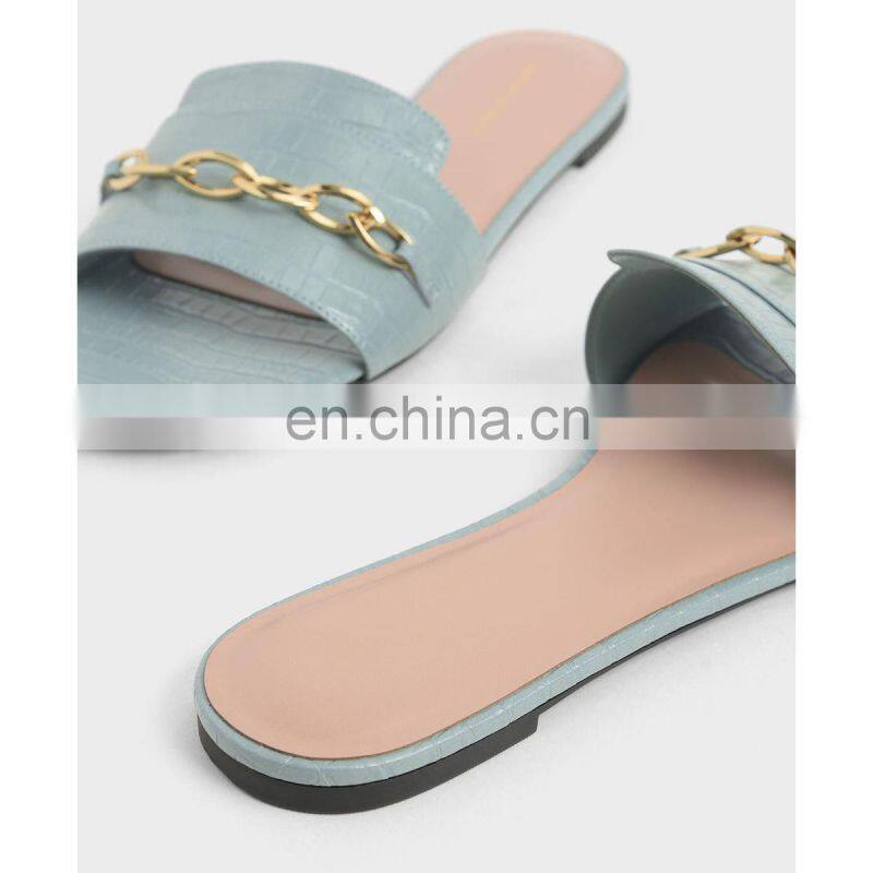 Women crocodile design flat shoes with beautiful chain ladies genuine leather sandals shoes