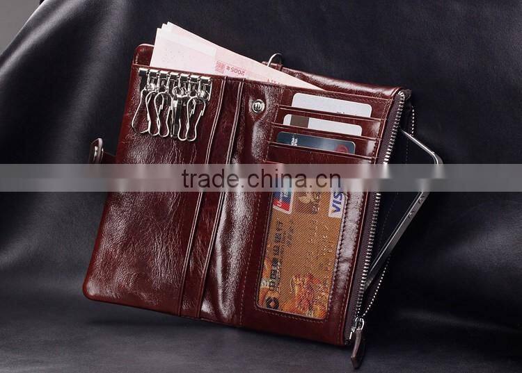 Top oil wax cowhide leather car key case key holder for men Multi-functional wallet with wristlet
