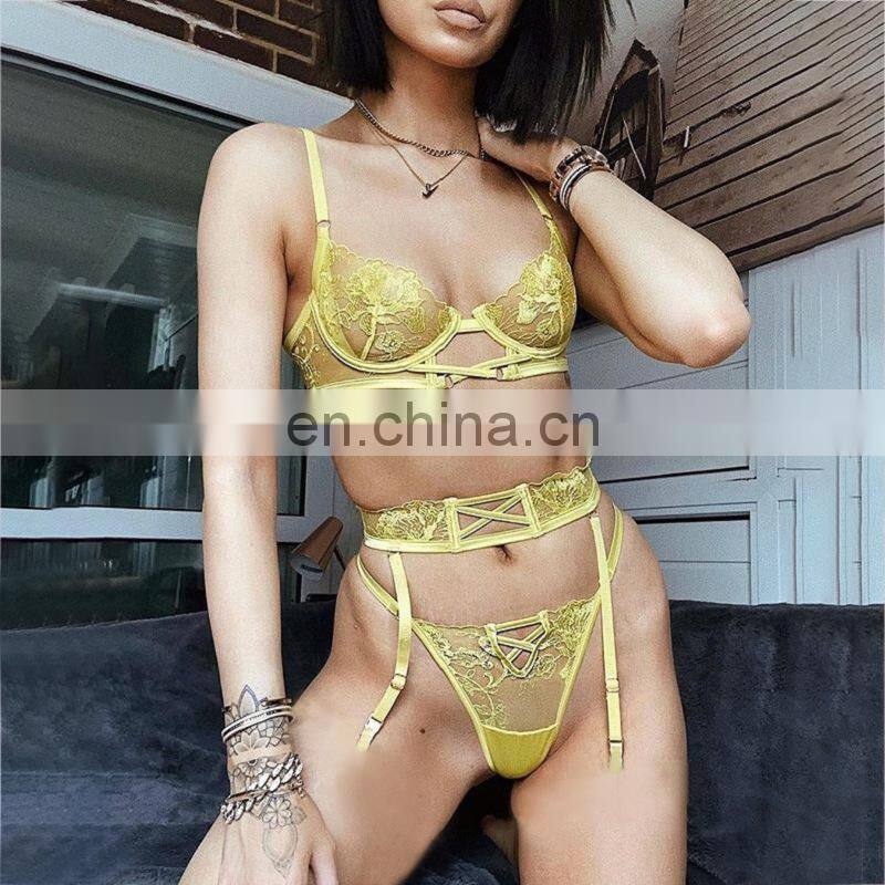Lace See through Lingerie with Steel Ring Gathered Push up Bra Sexy Bra and Panties Sets