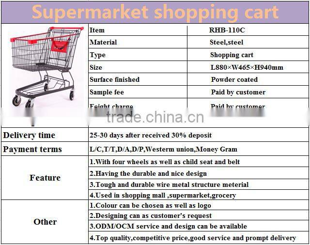 Metal grocery cart with child belt