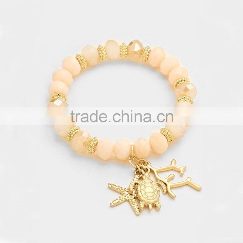 Metal Starfish and Turtle Charm Beaded Stretch Bracelet Sea Life Jewelry