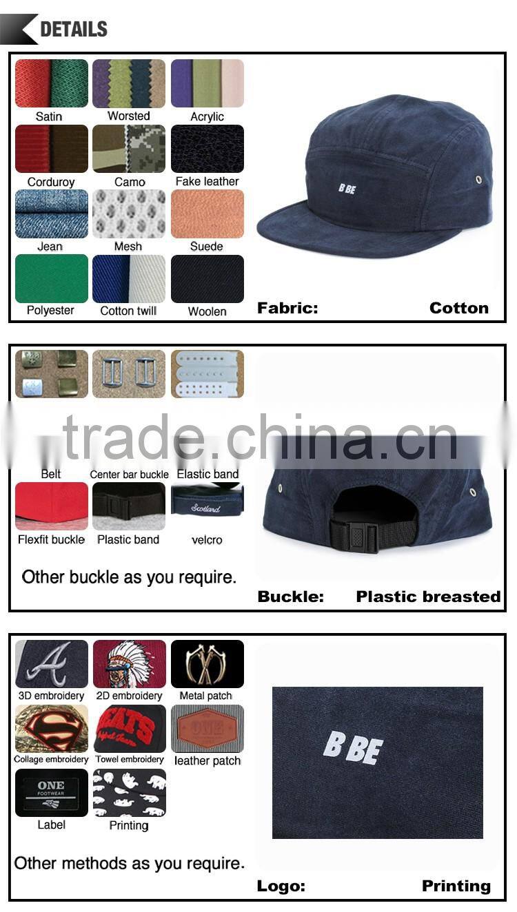 Wholesale high quality custom printing logo plastic buckle flat bill cotton 5 panel hat