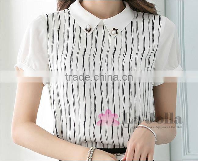 Lastest Summer Chiffon White Stripes Between Black Blouse 090
