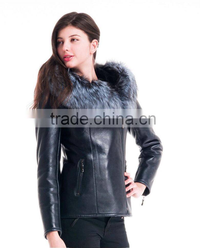 2015 Winter Women Plus Short Leather Jackets With Silver Fox Hat Fur Coat