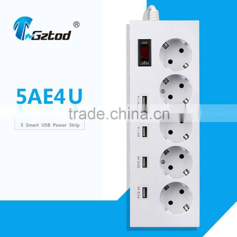 Euro standard 5 socket multiple outlet extension cord with usb slots child safety shutter
