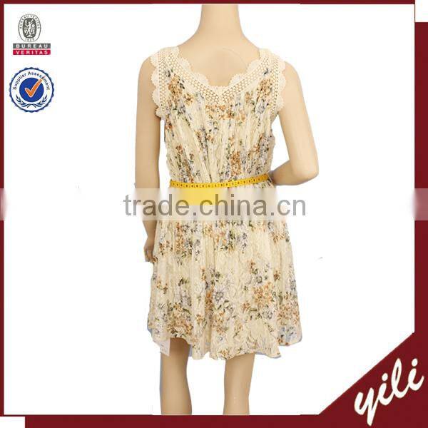 2016 new fashion sleeveless flower print lace contrast lady dress