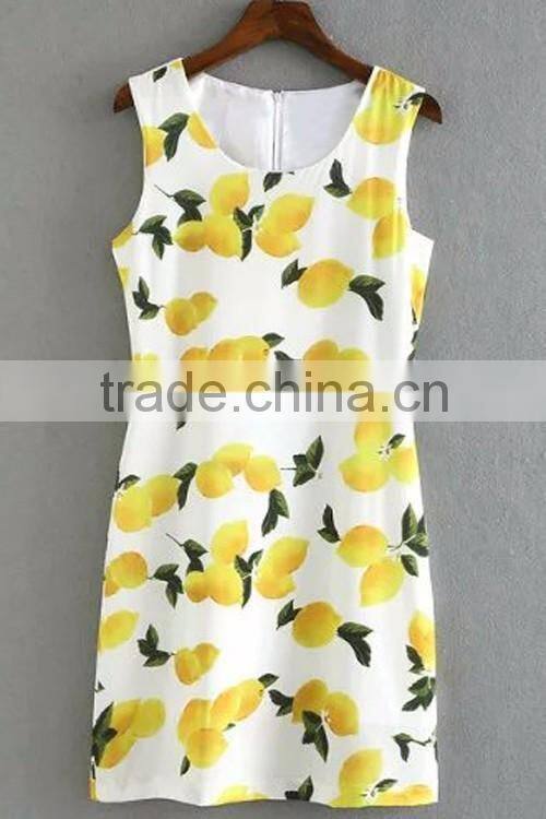 Lemon Print Round Collar Simple Sleeveless Dress Design