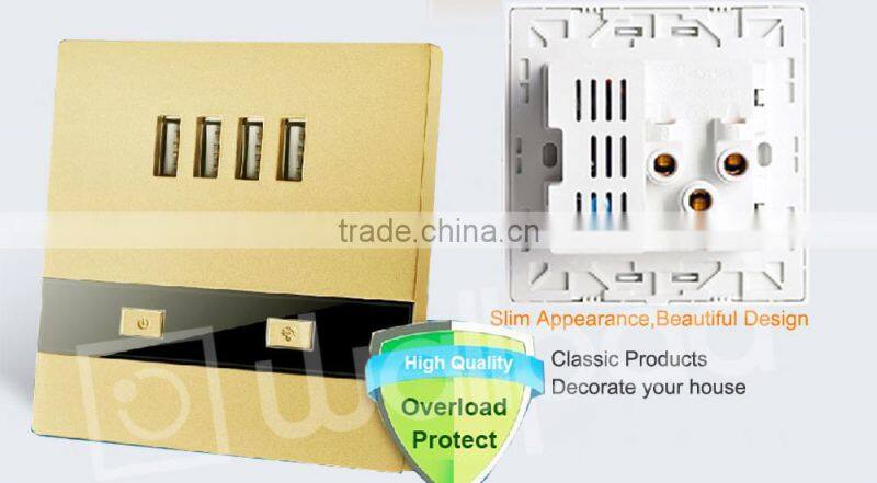 2015 New Products Wallpad Gold PC110~250V Electrical LED 4 Usb Charger Ports USB Power Wall Light Socket