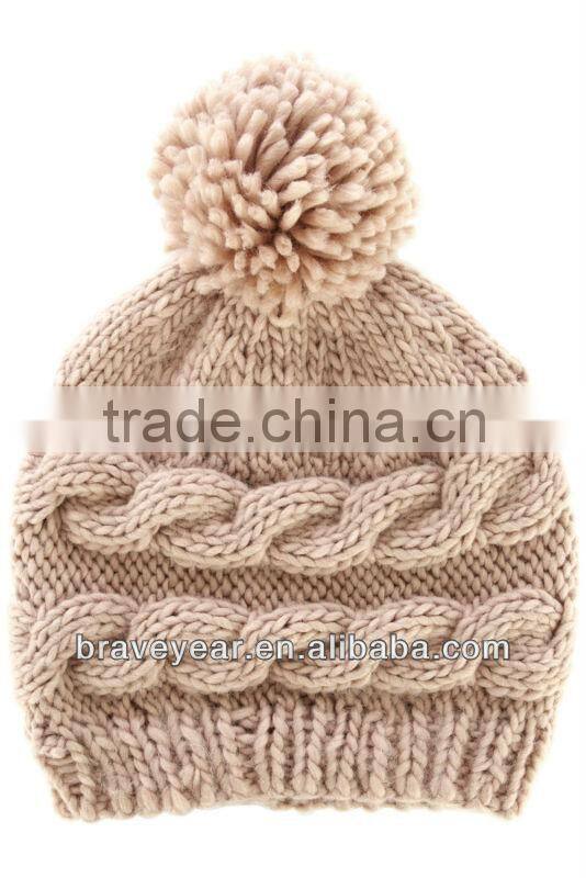 high quality 100% acrylic cable knitted hat with pom for ladies