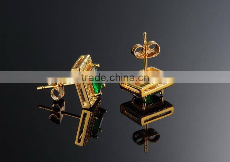 KSTONE 2015 new design 18K gold plated square green big AAA+ cubic zirconia diamond stud earrings for women