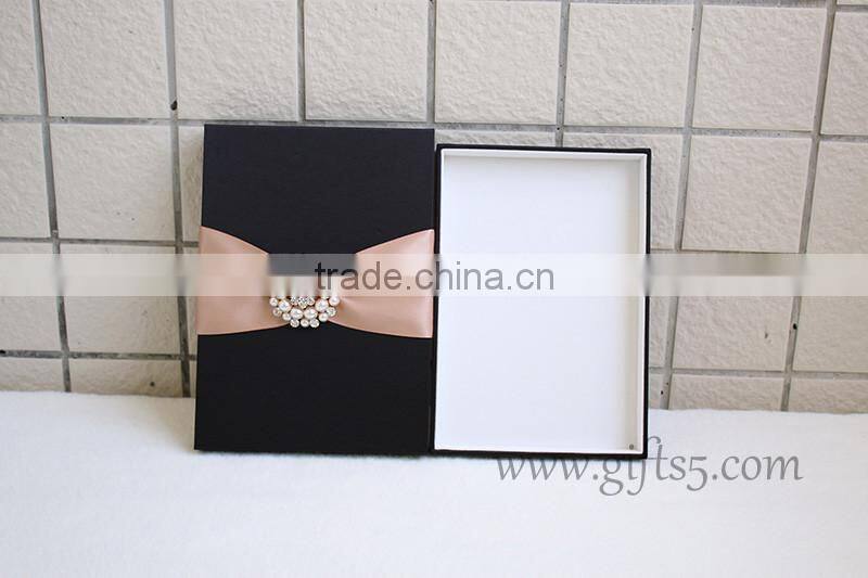 Black Color Silk Wedding Invitation Box With Crown Brooch Embellishment