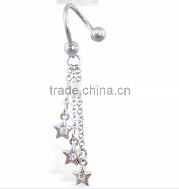 Twister barbell with dangling jeweled stars on chains