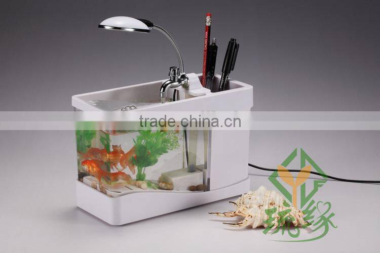 Mini USB Fish Tank With Multi-functions LED Light & Pen Container & Perpetual Calender USB Desk Aquariums With Lamp